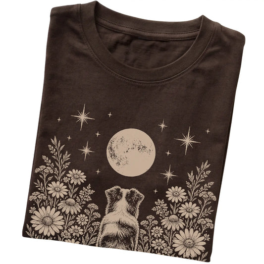 Dark Chocolate T-shirt featuring Wildflower Moon Australian Shepherd, folded presentation