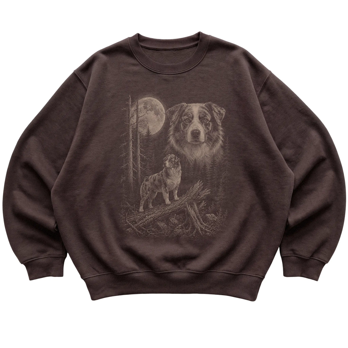Australian Shepherd Moonlit Forest graphic on a dark chocolate crewneck sweatshirt laid flat