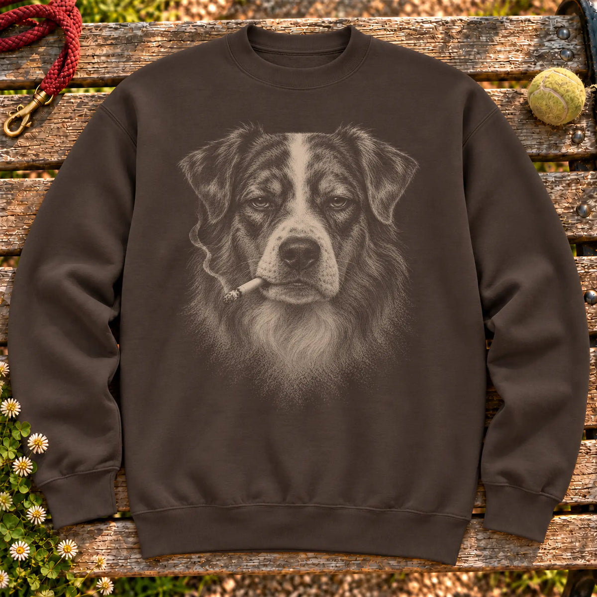 Australian Shepherd smoking design on a Dark Chocolate sweatshirt