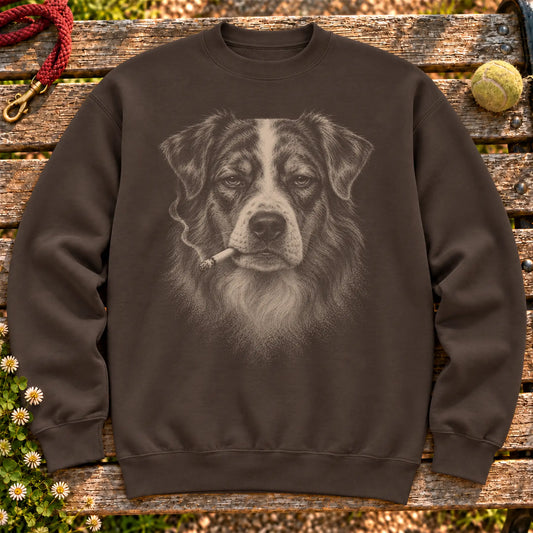 Australian Shepherd smoking design on a Dark Chocolate sweatshirt