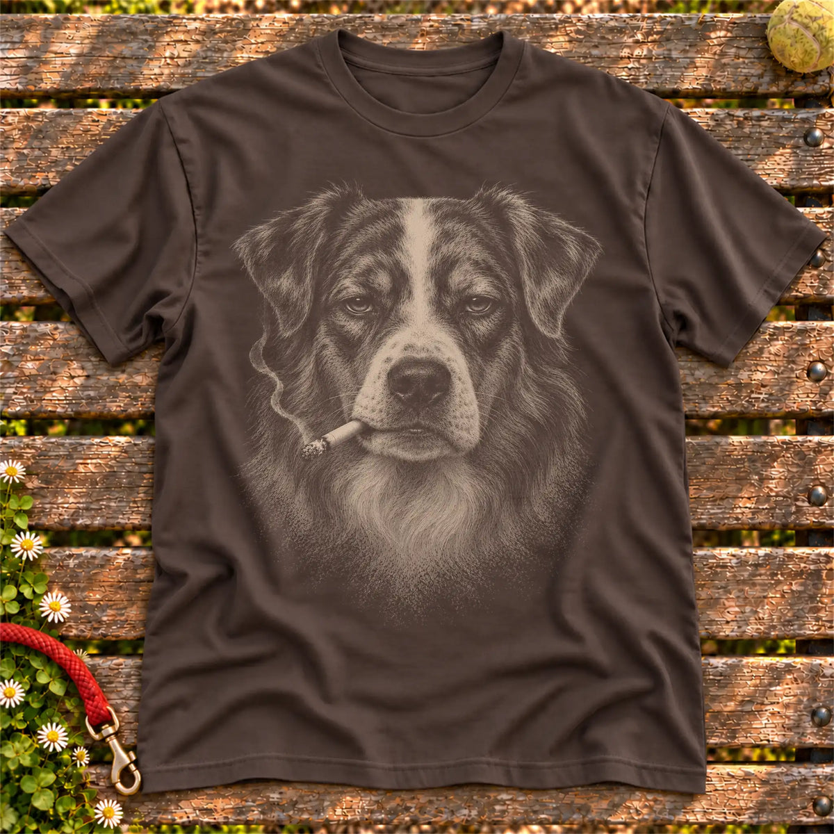 Australian Shepherd smoking design on a Dark Chocolate t-shirt