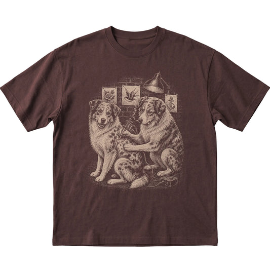 Dark Chocolate Australian Shepherd Dog Tattoo Artist shirt laid flat