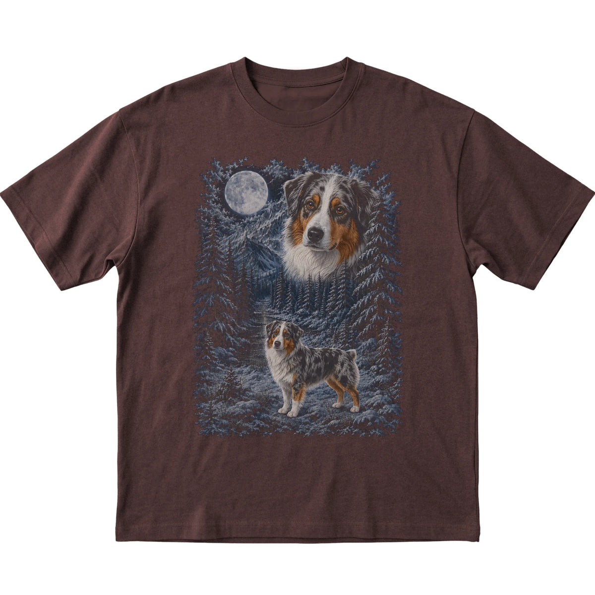 dark chocolate T-shirt with Australian Shepherd Winter Moon artwork.