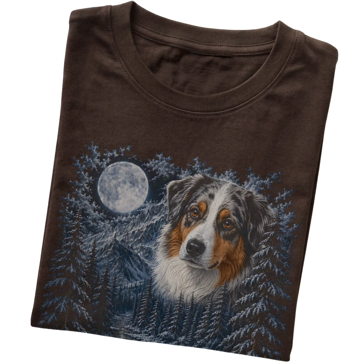 Folded dark chocolate T-shirt with Australian Shepherd Winter Moon artwork.