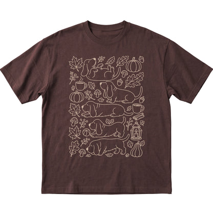 Dark Chocolate Basset Hound Fall Leaves shirt laid flat