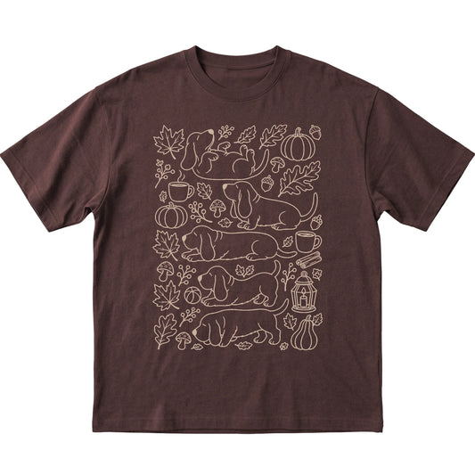 Dark Chocolate Basset Hound Fall Leaves shirt laid flat