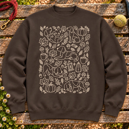 Beagle Autumn on a Dark Chocolate crewneck sweatshirt, shown flat