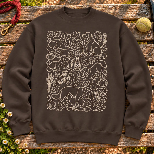 Bernese Mountain Dog Autumn on a Dark Chocolate crewneck sweatshirt, shown flat