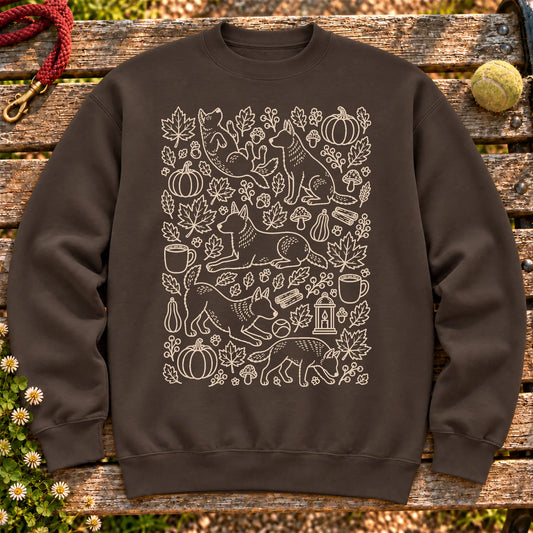 Blue Heeler Autumn on a Dark Chocolate crewneck sweatshirt, shown flat