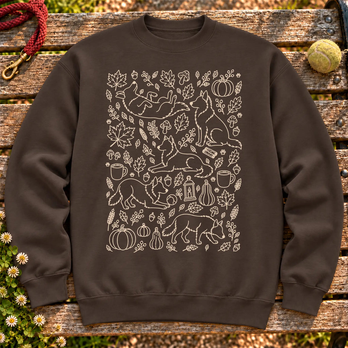 Border Collie Autumn on a Dark Chocolate crewneck sweatshirt, shown flat