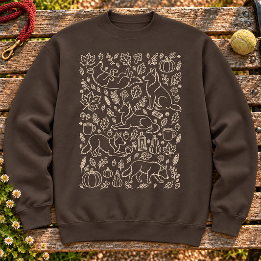 Border Collie Autumn on a Dark Chocolate crewneck sweatshirt, shown flat
