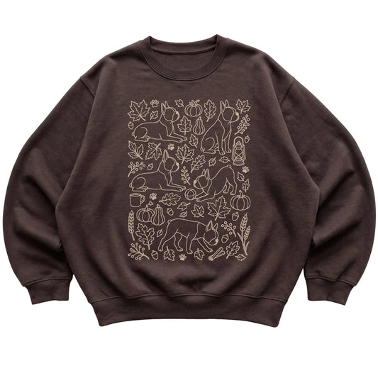 Dark Chocolate Boston Terrier Fall Leaves shirt laid flat