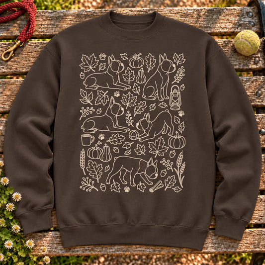 Boston Terrier Autumn on a Dark Chocolate crewneck sweatshirt, shown flat