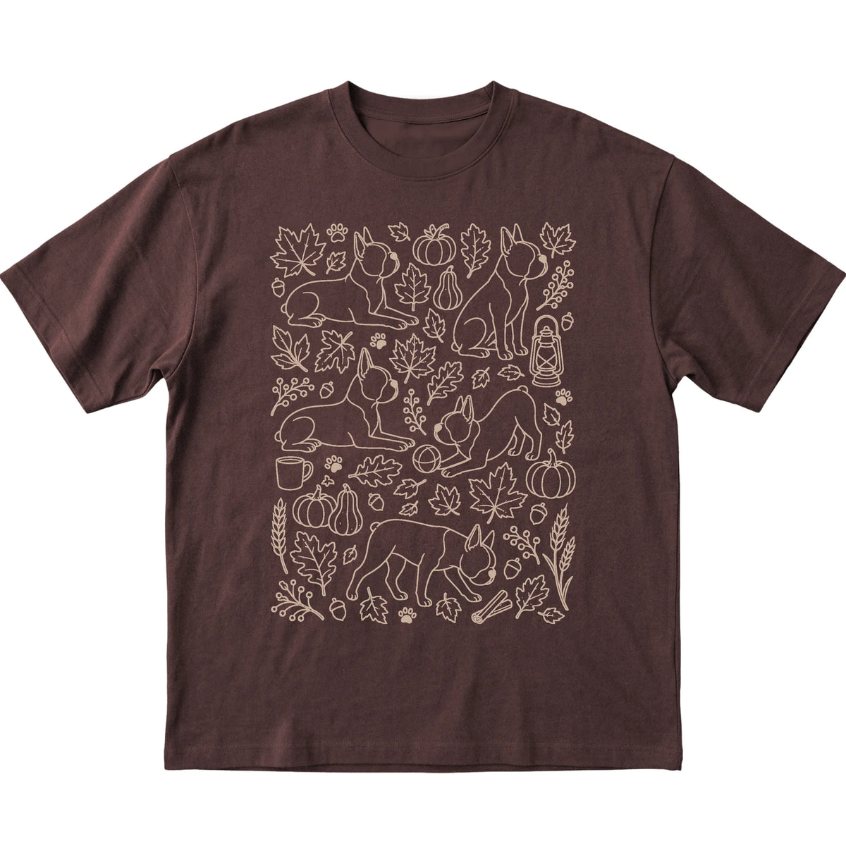 Dark Chocolate Boston Terrier Fall Leaves shirt laid flat