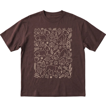 Dark Chocolate Boston Terrier Fall Leaves shirt laid flat