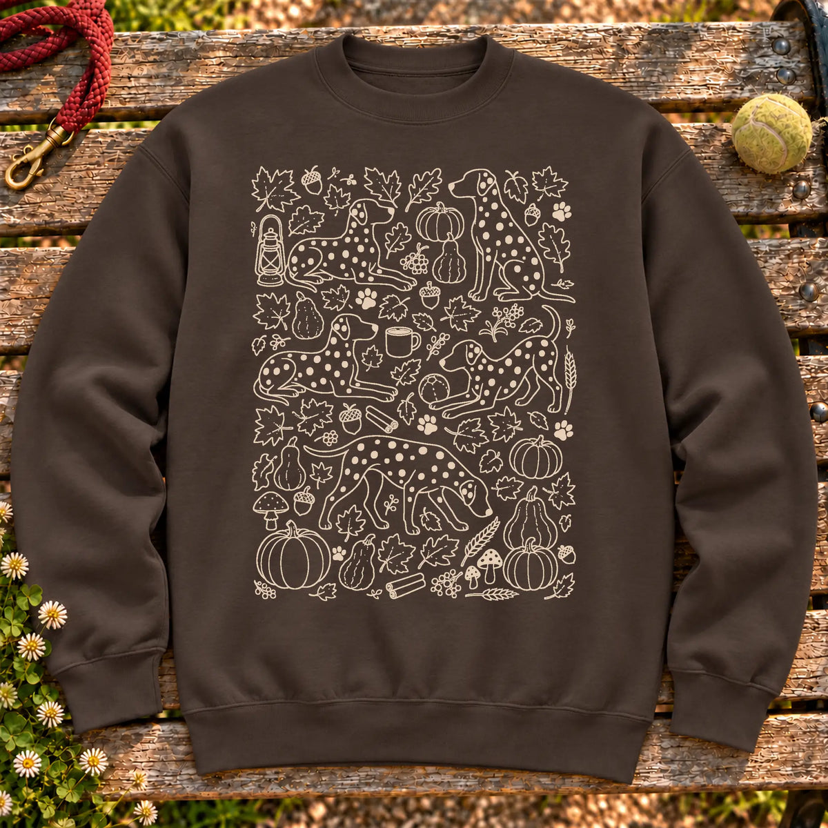 Dalmatian Autumn on a Dark Chocolate crewneck sweatshirt, shown flat
