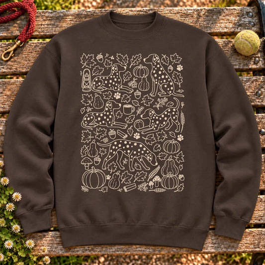 Dalmatian Autumn on a Dark Chocolate crewneck sweatshirt, shown flat