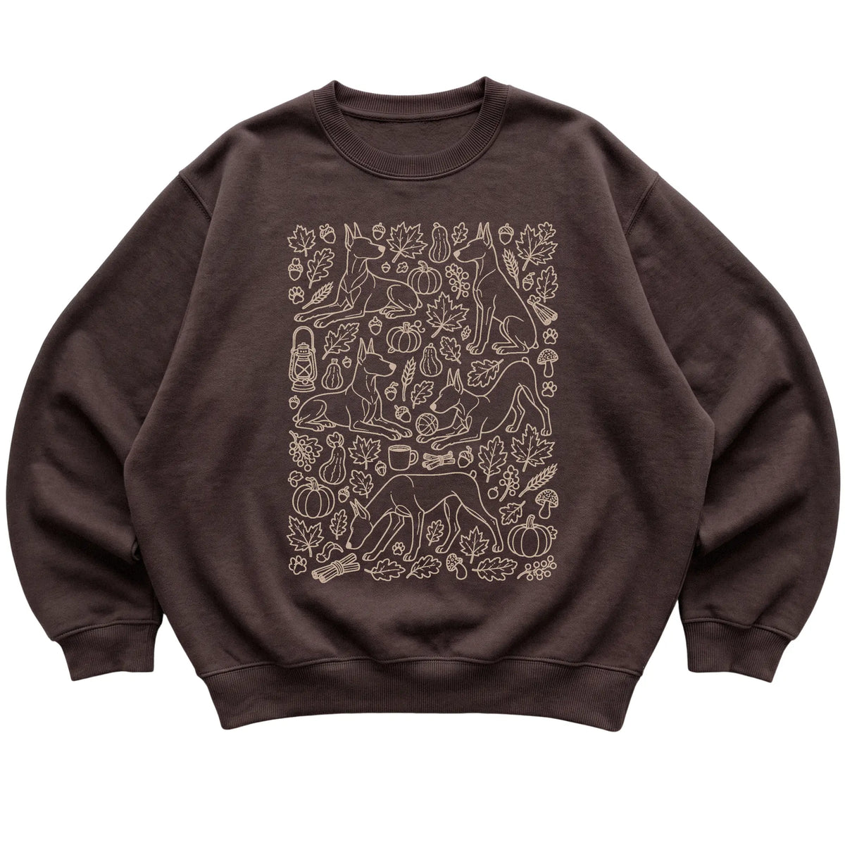 Dark Chocolate Doberman Fall Leaves shirt laid flat