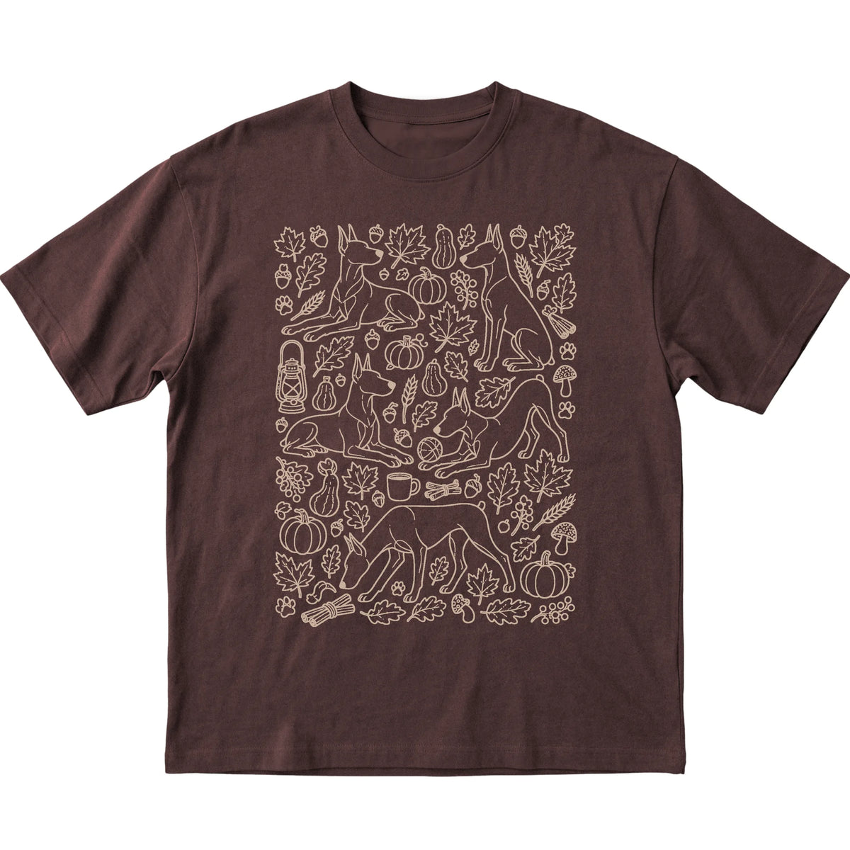 Dark Chocolate Doberman Fall Leaves shirt laid flat