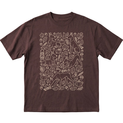 Dark Chocolate Doberman Fall Leaves shirt laid flat
