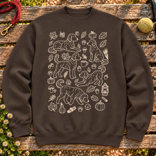 Goldendoodle Autumn on a Dark Chocolate crewneck sweatshirt, shown flat