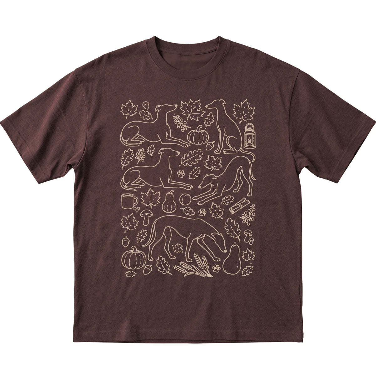 Dark Chocolate Greyhound Fall Leaves shirt laid flat