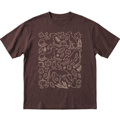 Dark Chocolate Greyhound Fall Leaves shirt laid flat