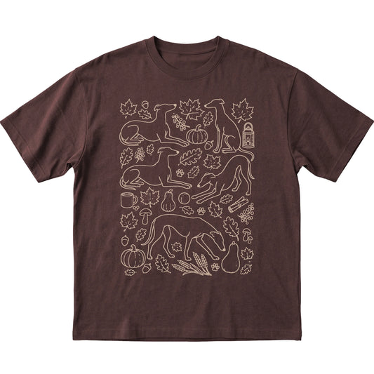 Dark Chocolate Greyhound Fall Leaves shirt laid flat