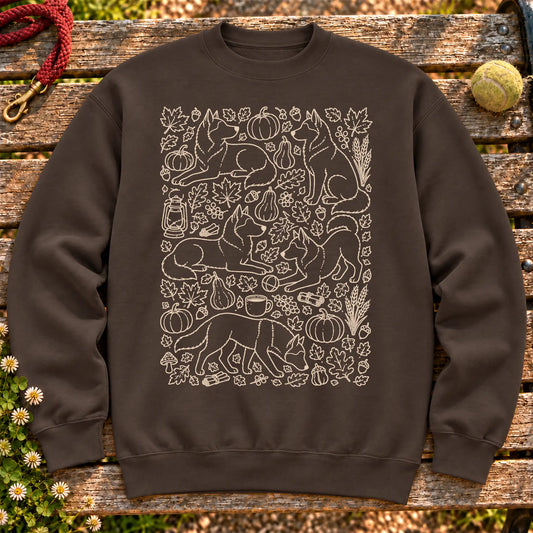 Husky Autumn on a Dark Chocolate crewneck sweatshirt, shown flat