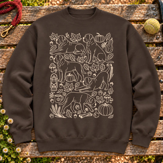 Mastiff Autumn on a Dark Chocolate crewneck sweatshirt, shown flat