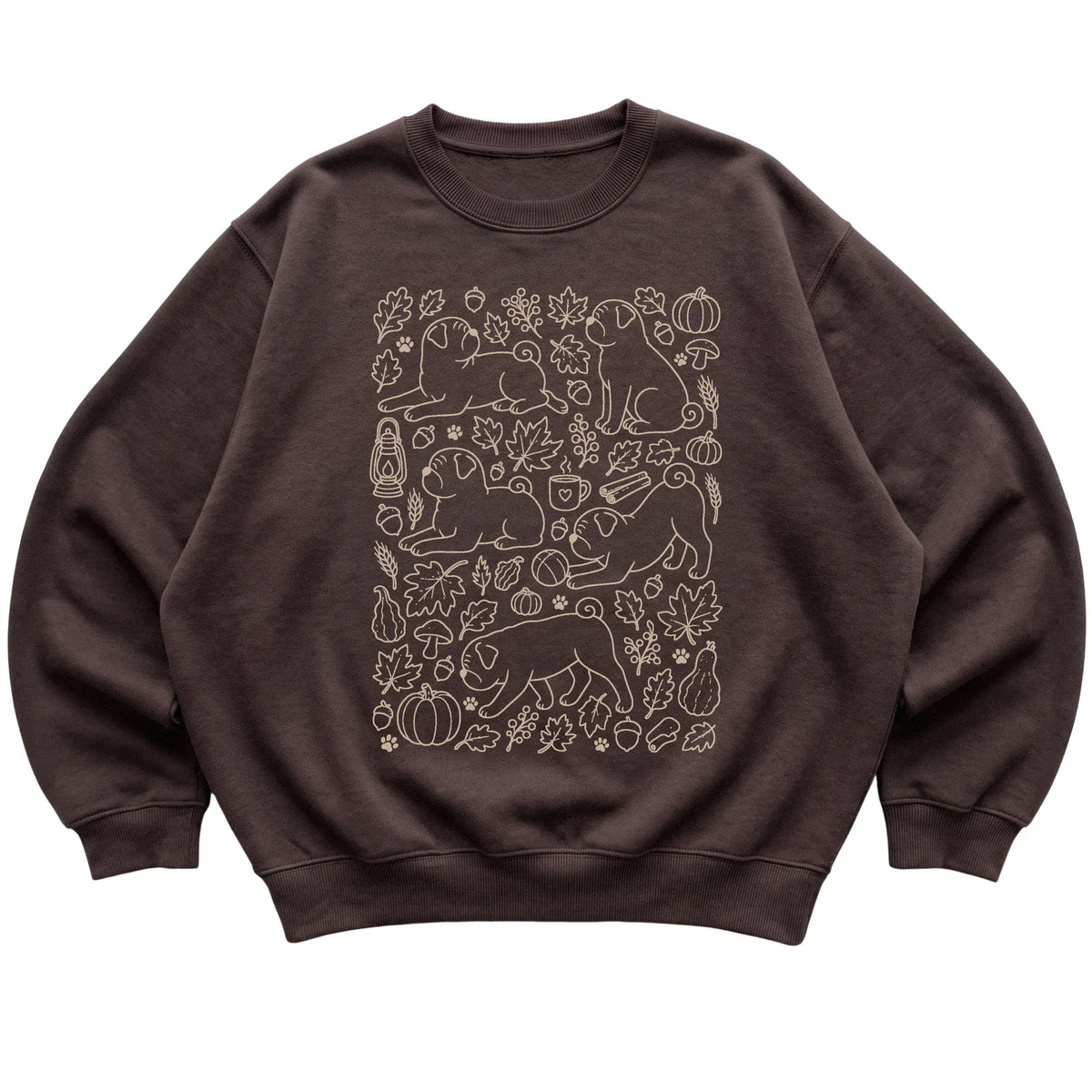 Dark Chocolate Pug Fall Leaves shirt laid flat