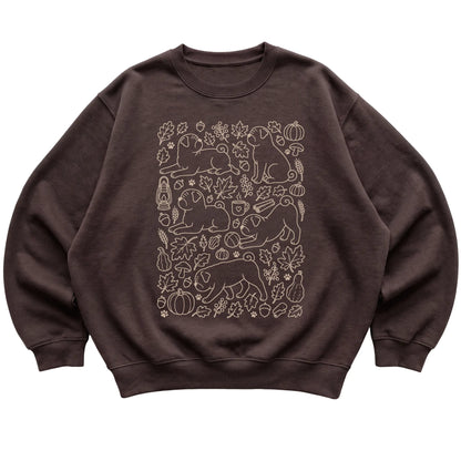 Dark Chocolate Pug Fall Leaves shirt laid flat