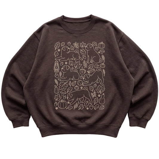 Dark Chocolate Pug Fall Leaves shirt laid flat