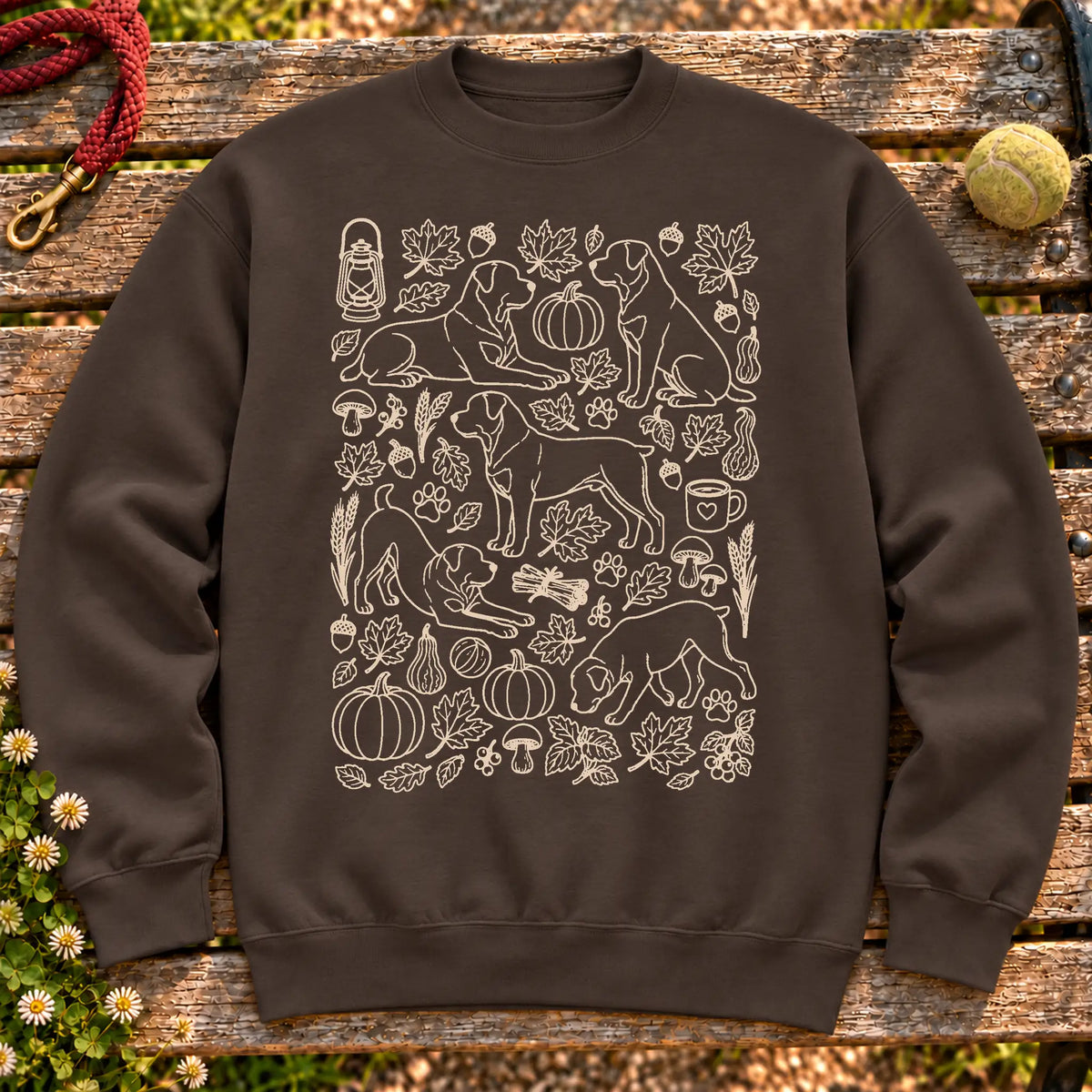 Rottweiler Autumn on a Dark Chocolate crewneck sweatshirt, shown flat