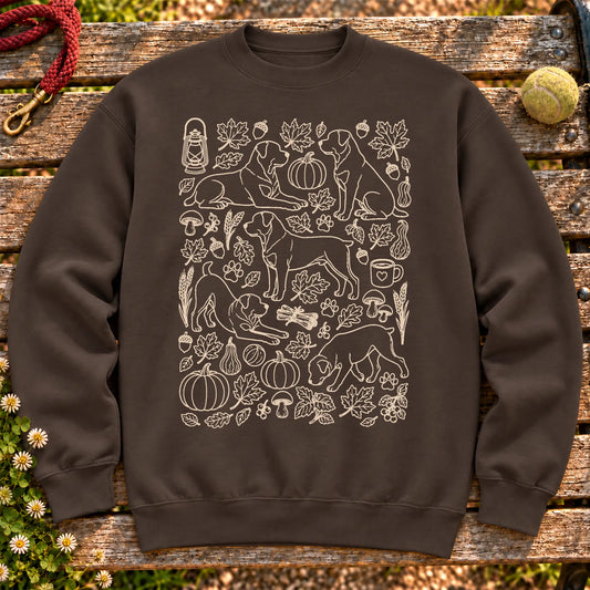 Rottweiler Autumn on a Dark Chocolate crewneck sweatshirt, shown flat