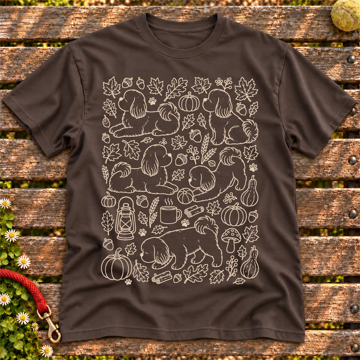 Shih Tzu Autumn on a Dark Chocolate T-shirt, shown flat