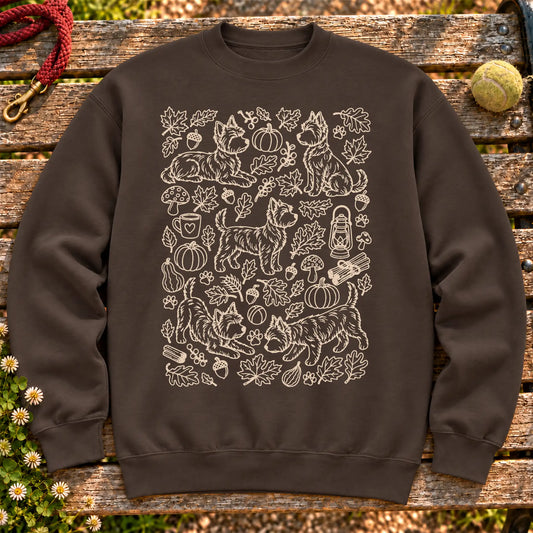 Yorkie Autumn on a Dark Chocolate crewneck sweatshirt, shown flat