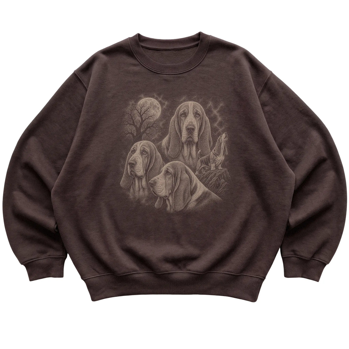 Basset Hound 90s Moon Sweatshirt in Dark Chocolate — flat lay