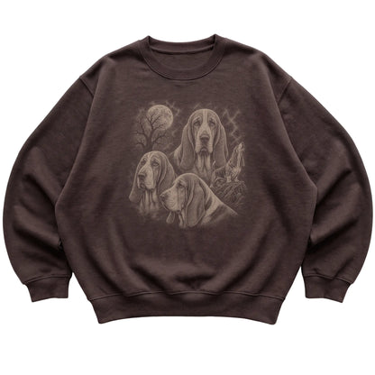 Basset Hound 90s Moon Sweatshirt in Dark Chocolate — flat lay