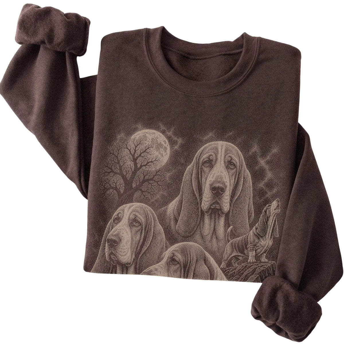 Basset Hound 90s Moon Sweatshirt in Dark Chocolate — folded detail