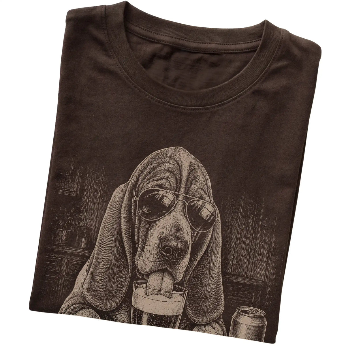 Dark Chocolate Basset Hound drinking from a pint at a bar, folded detail view