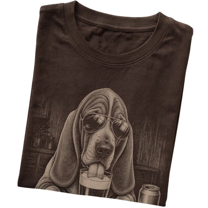Dark Chocolate Basset Hound drinking from a pint at a bar, folded detail view