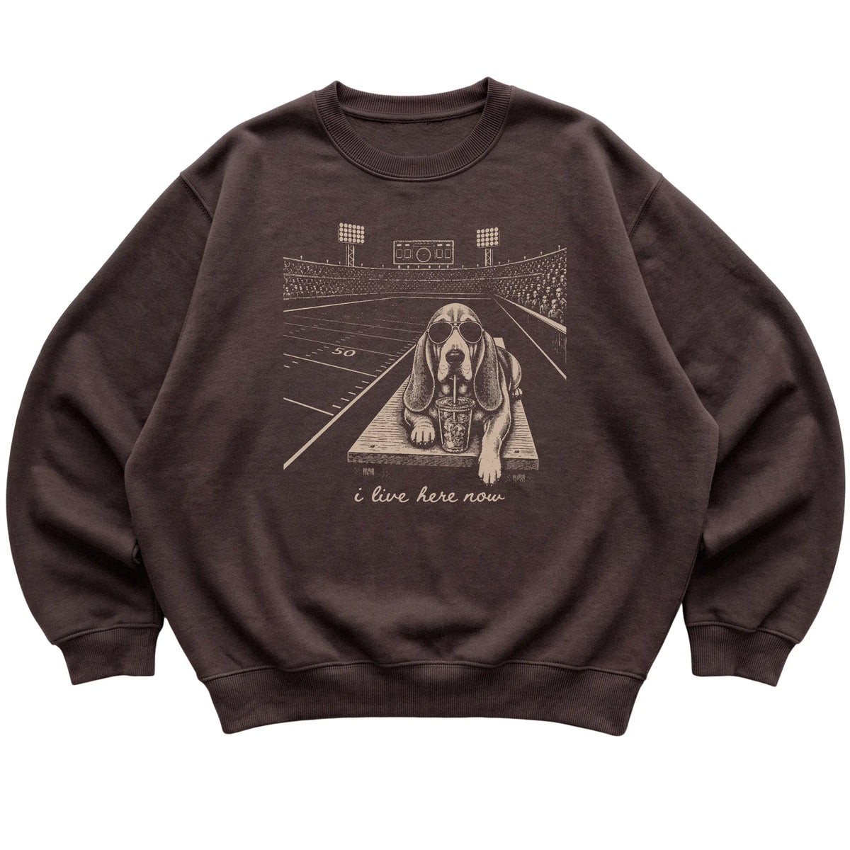 Dark Chocolate Basset Hound Football Tailgate sweatshirt, laid flat