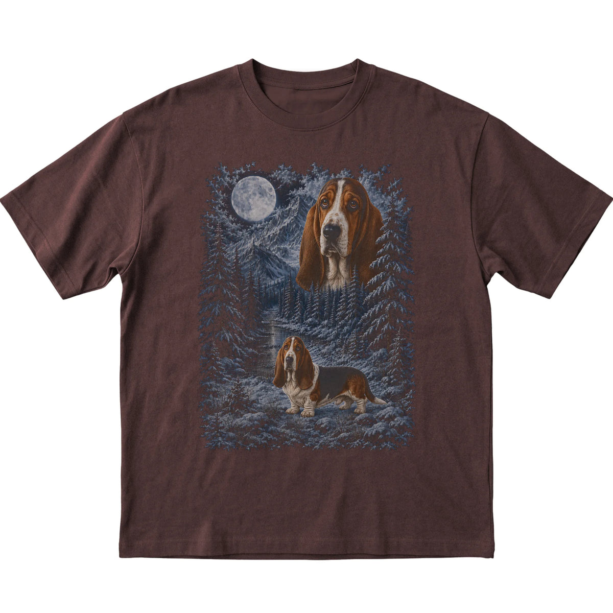Basset Hound Forest Moon T-Shirt in Dark Chocolate