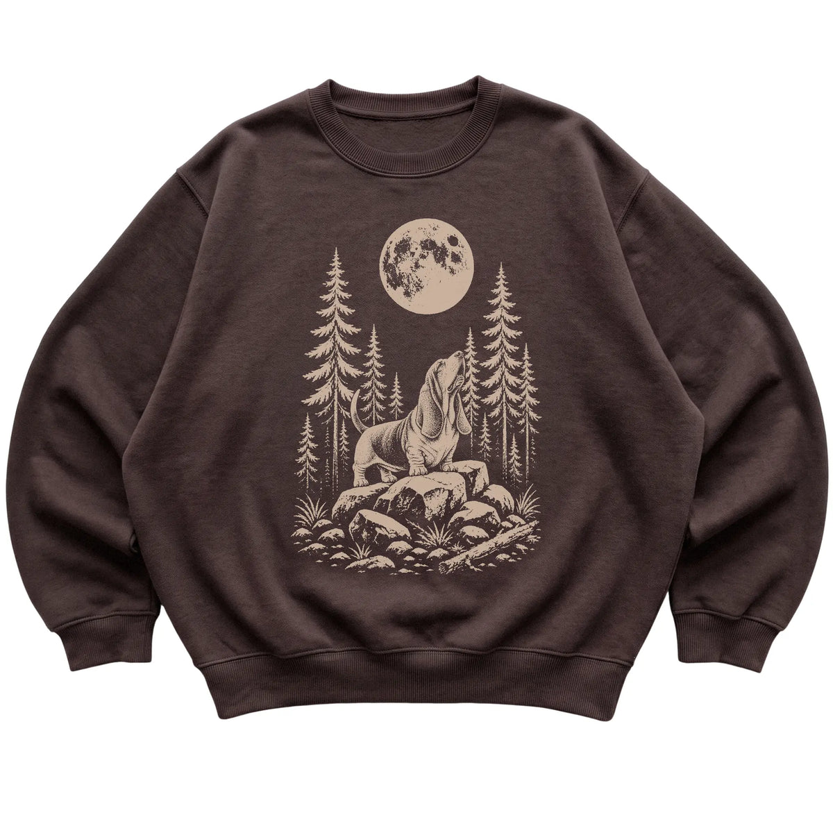 Basset Hound Howling at the Moon crewneck sweatshirt in Dark Chocolate