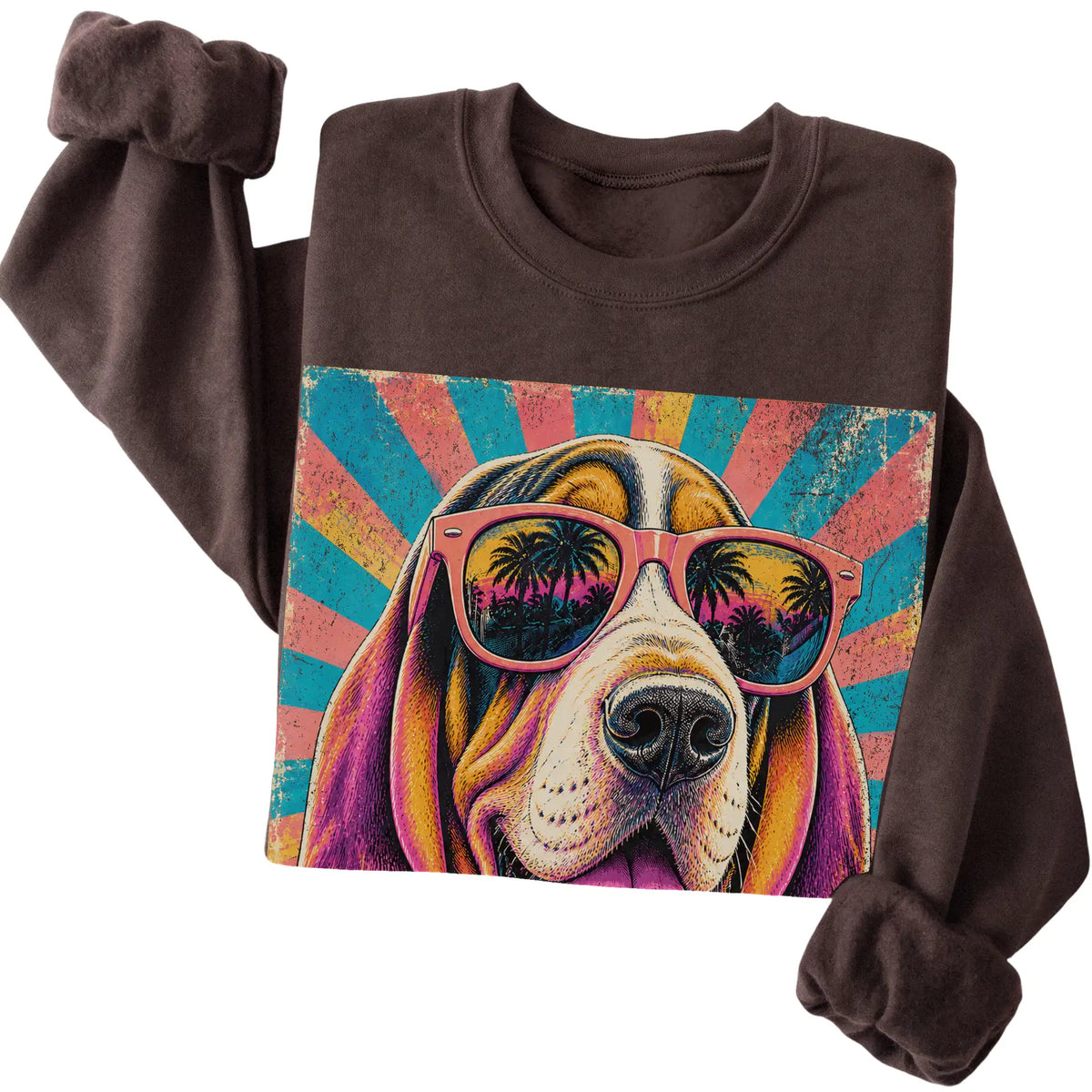 Folded Dark Chocolate crewneck sweatshirt with a Retro Basset Hound Mama design