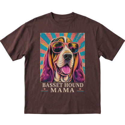 Retro Basset Hound Mama design on a Dark Chocolate softstyle T-shirt