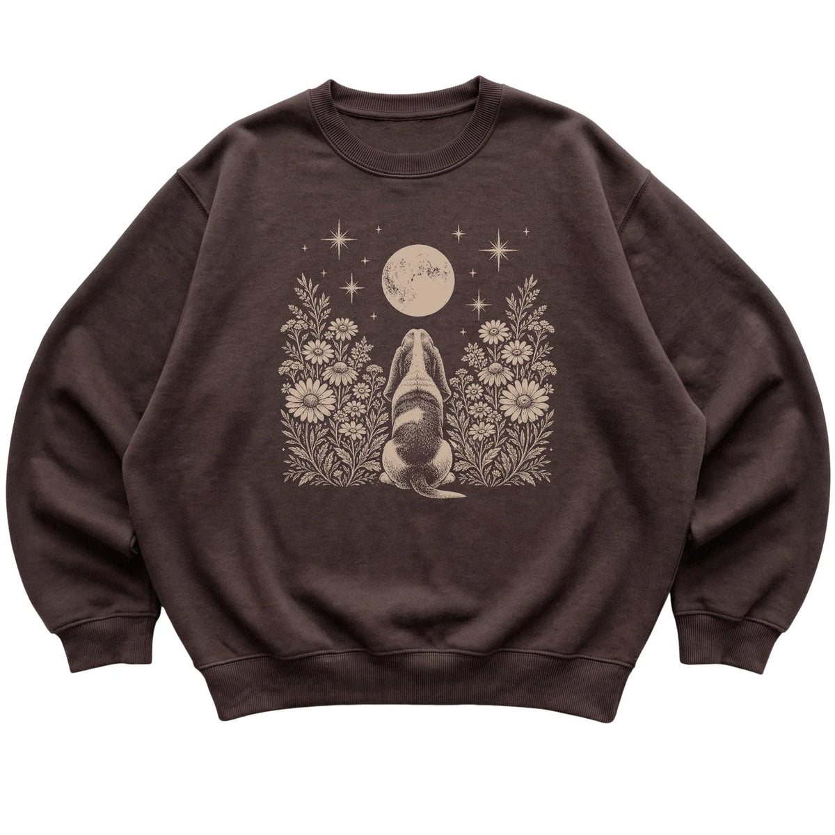 Dark Chocolate crewneck sweatshirt featuring Wildflower Moon Basset Hound, laid-flat presentation