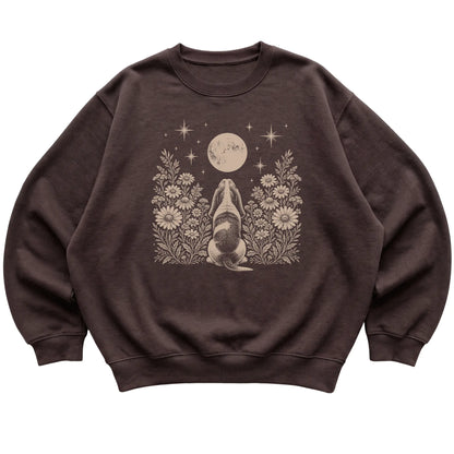 Dark Chocolate crewneck sweatshirt featuring Wildflower Moon Basset Hound, laid-flat presentation