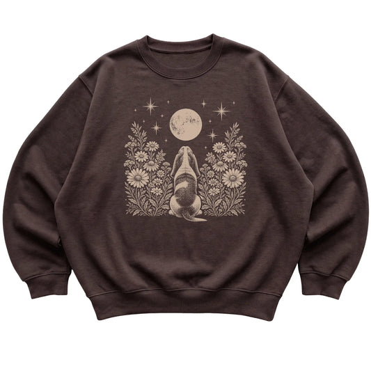 Dark Chocolate crewneck sweatshirt featuring Wildflower Moon Basset Hound, laid-flat presentation